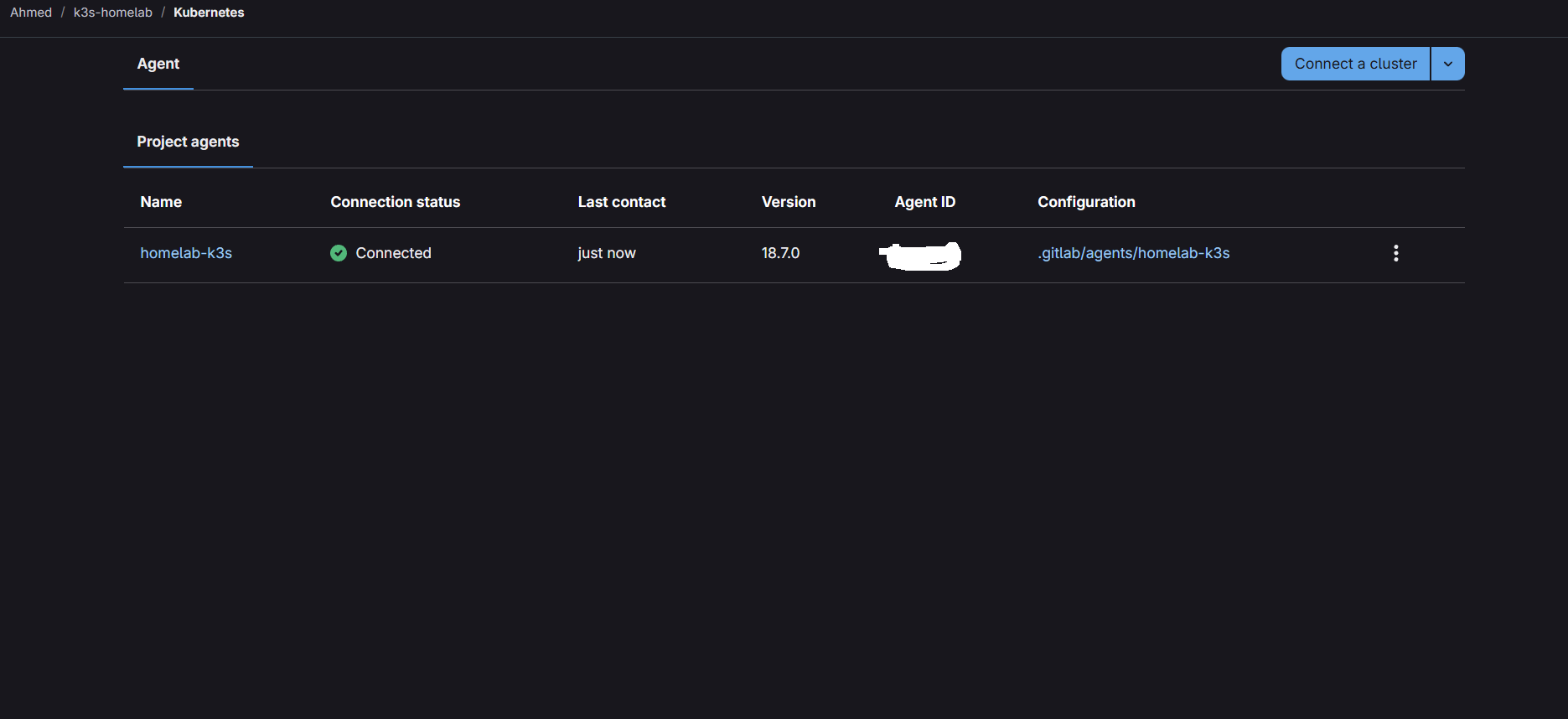 GitLab agent connected to Kubernetes cluster